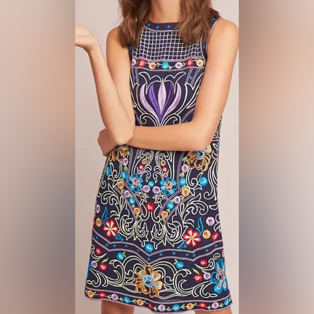 Anthropologie Maeve Kira Navy Embroidered Dress